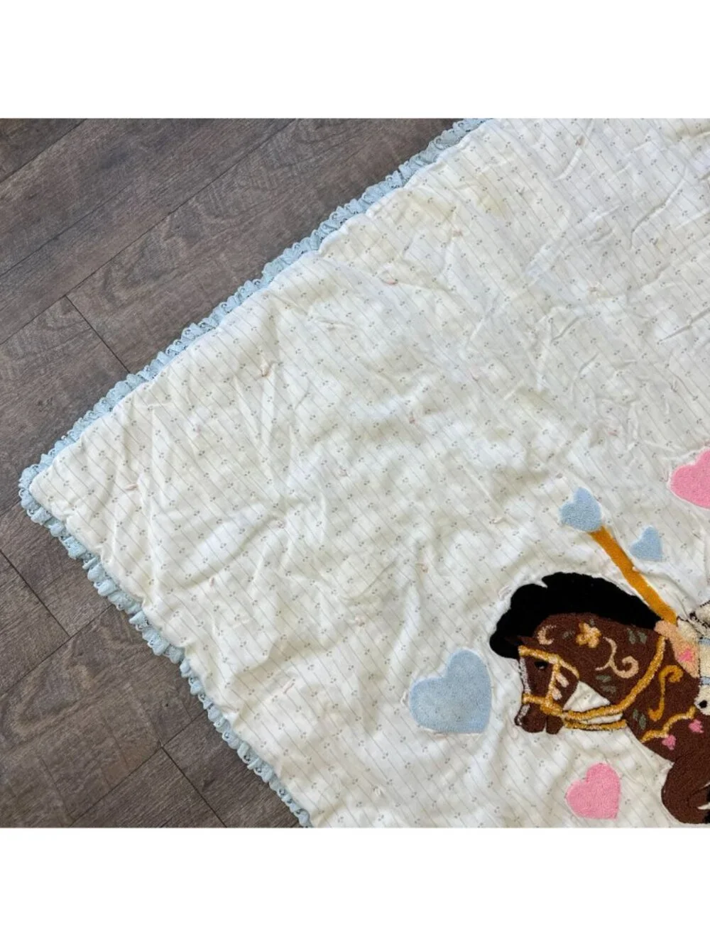 Vintage 80s Kawaii Pastel Carousel Horse Chenille Baby Blanket Hearts Coquette